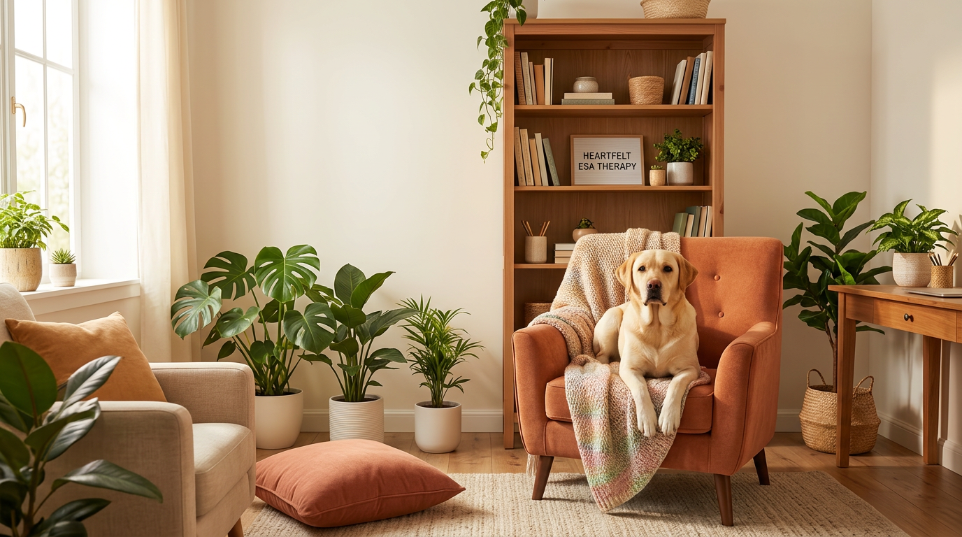 Yellow Labrador resting in a cozy Tampa therapy room